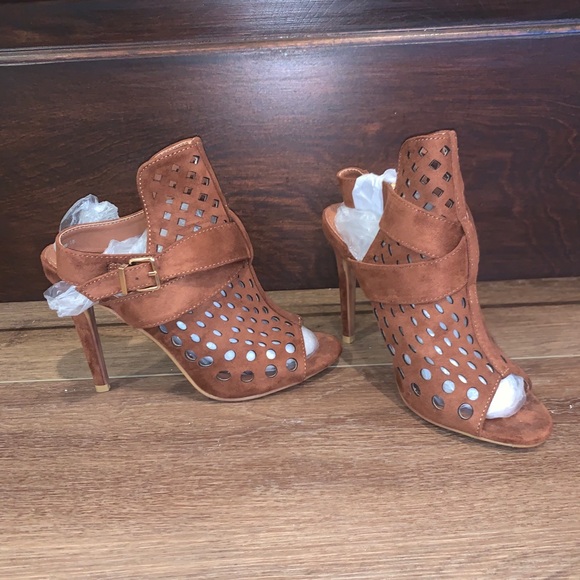Brown Open-Toe Heels with Buckle - Picture 1 of 3